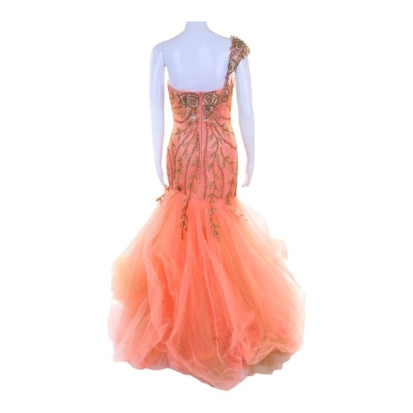 NWT SHERRI HILL One Shoulder Embellished Mermaid Tulle Gown Pastel Orange Size 6 - Picture 8 of 12